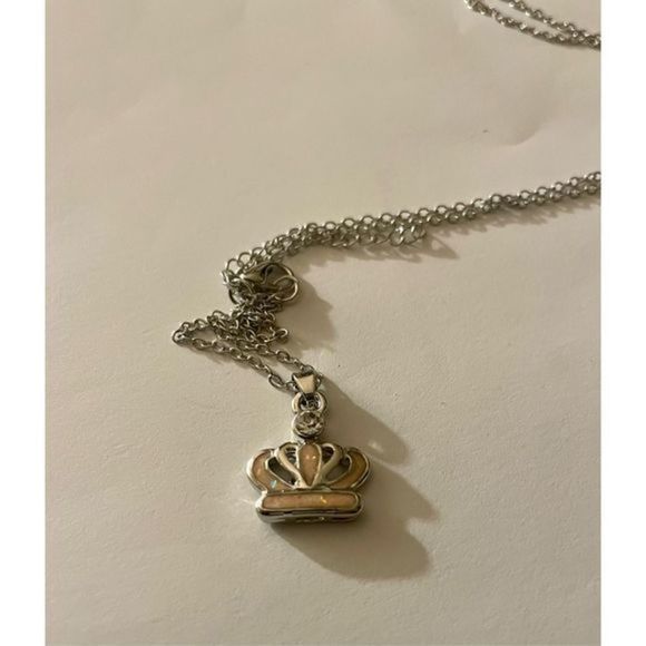 PINK OPAL WHITE SAPPHIRE ON SILVER CROWN NECKLACE - Picture 3 of 7